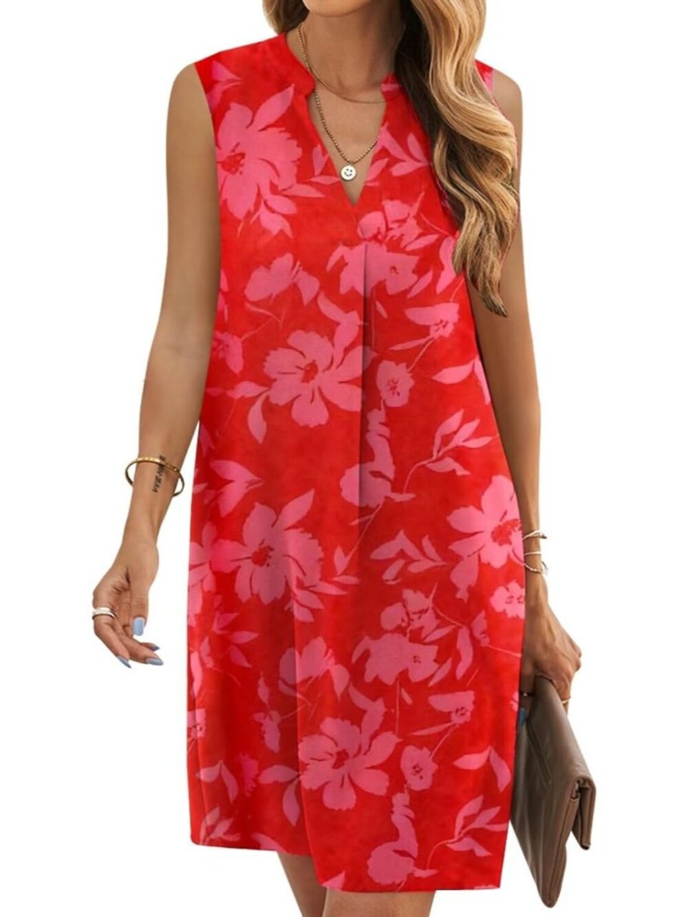 Women's Red Floral Summer Sleeveless Casual T Shirt Sundresss Shift Dress